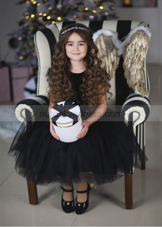 Black Velvet Feather Keyhole Back Flower Girl Dress